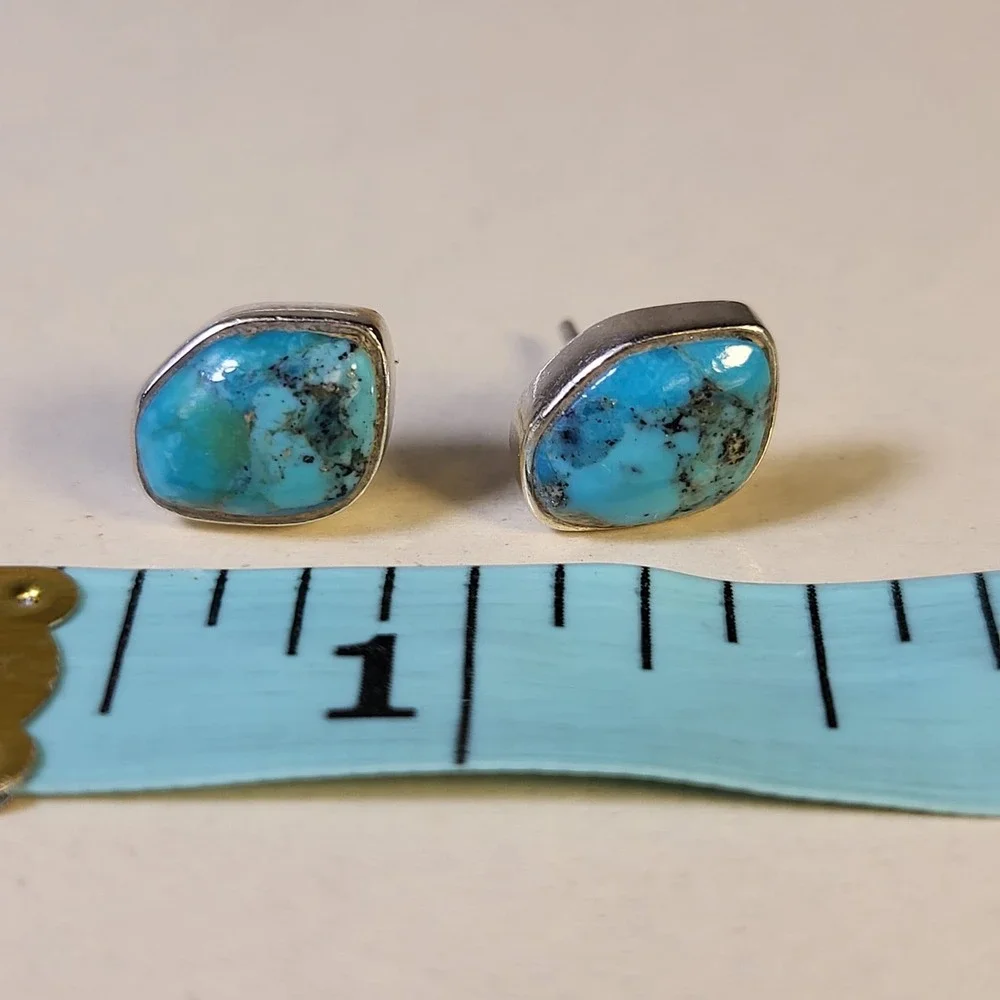 925 Sterling Silver Turquoise Bezel Stud Earrings Vintage Blue Marked